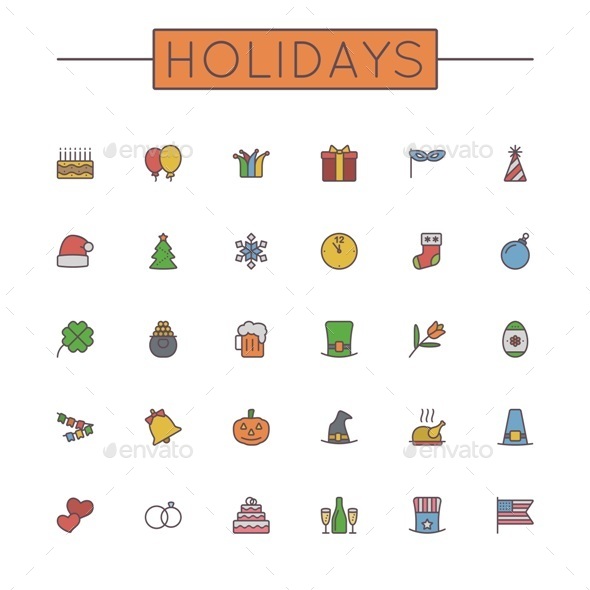 Vector Colored Holidays Line Icons - Seasonal Icons