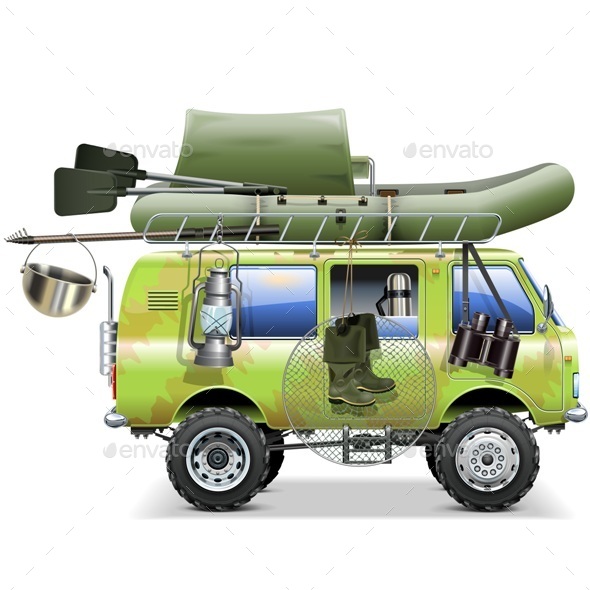 Vector Travel Car with Fishing Accessories - Sports/Activity Conceptual