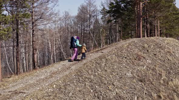 Aerial View of a Woman with Two Children Hiking on a Forest Mountain Trail alt