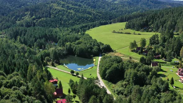 Aerial view of the Zahura recreation center in the town of Spisske Vlachy in Slovakia alt