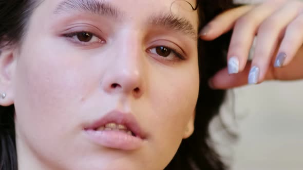 Close Up Young Woman Smiling Girl Looking at Camera in Studio alt