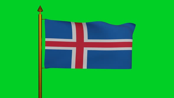 National flag of Iceland waving with flagpole on chroma key, islenski faninn or Flag of Icelanders alt