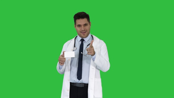 Doctor talking to camera presenting new medicine on a Green alt