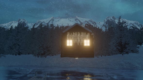Illuminated Wooden Log Cabin Behind Frozen Lake