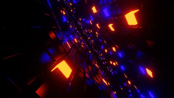 Flying through glowing rotating red and blue neon squares.