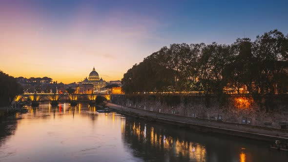 Papal Basilica Of St. Peter In The Vatican And Aelian Bridge In Evening Night Illuminations