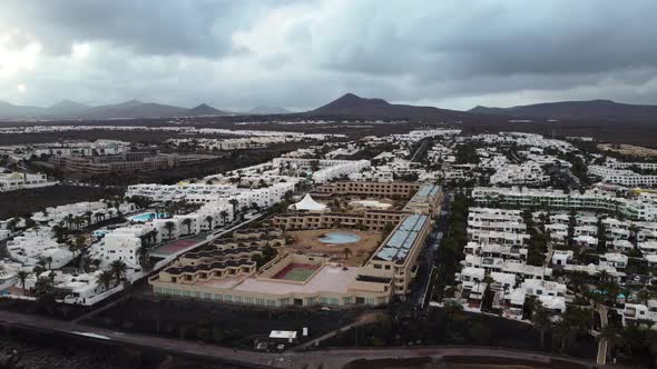 Drone shot of large luxury hotel and holiday resort on Canary Islands alt