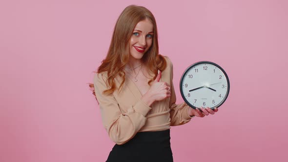 Businesswoman Girl Showing Time on Office Clock Ok Thumb Up Approve Pointing Finger at Camera alt