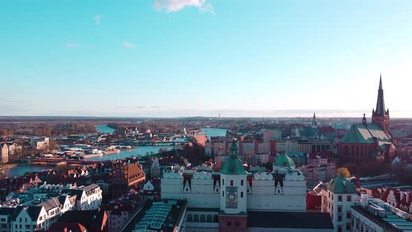 European city from above. Flight near the castle. Shooting from a drone. Beautiful panorama