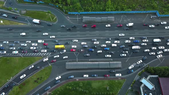 View From a Height of a Traffic Jam Car on an Overpass in the Evening Rush Hour