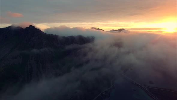Aerial view of evening sun above the clouds in Norway