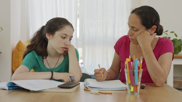 Mother helping her teenage daughter prepare homework alt