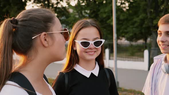 Teenagers Pupils Are Smiling, Discussing Something Together alt