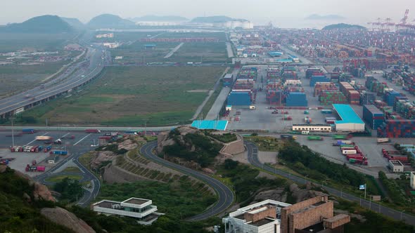 Yangshan Shanghai Container Port Terminal and Logistics Center Timelapse Zoom Out alt