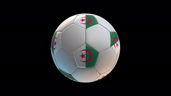 Soccer ball with flag Algeria, on black background loop alpha