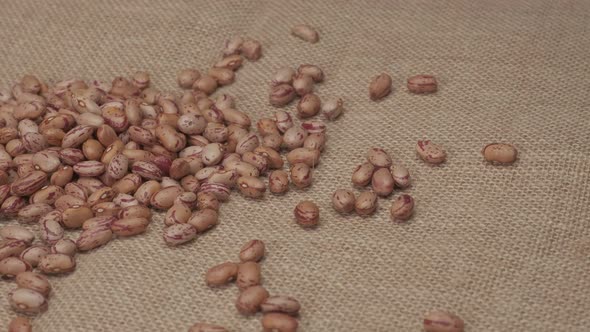 Dry red beans Borlotti rotating on jute background, typical Mediterranean vegan vegetarian diet food alt