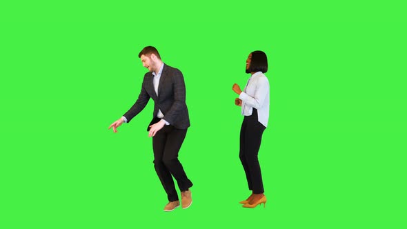Businessman and Businesswoman Funky Dancing Give High Five Cheerful Colleagues Celebrating Success