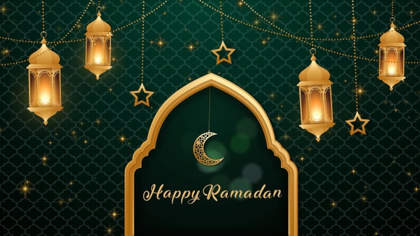 Ramadan Eid Mubarak Golden Lanterns And Gold Glitters With Animated Green Background Video 4k alt