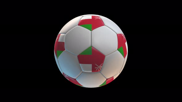Soccer ball with flag Oman, on black background loop alpha