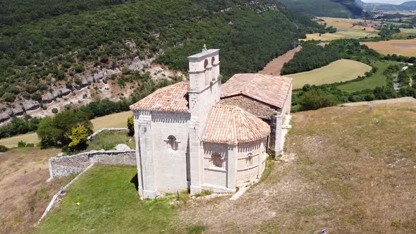Aerial View of Picturesque Hermitage in San Pantaleon De Losa, Burgos, Spain. alt