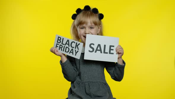 Child Kid Showing Black Friday and Sale Word Discount Advertisement Banners. Low Prices, Shopping alt