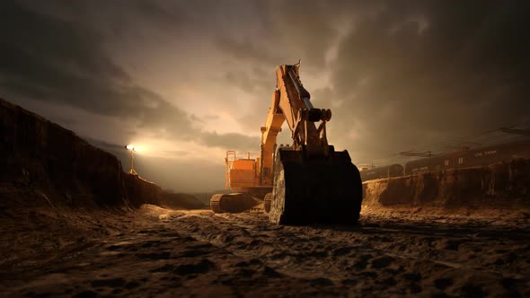 Excavator or digger at construction Site during sunset. Heavy industry. 4k HD alt