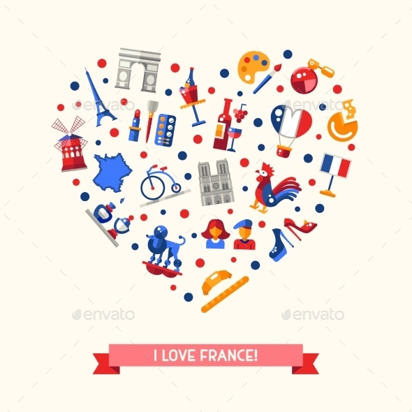France Travel Icons Heart Postcard - Travel Conceptual
