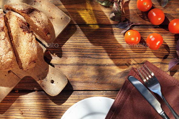 Top view of italian food on wooden table