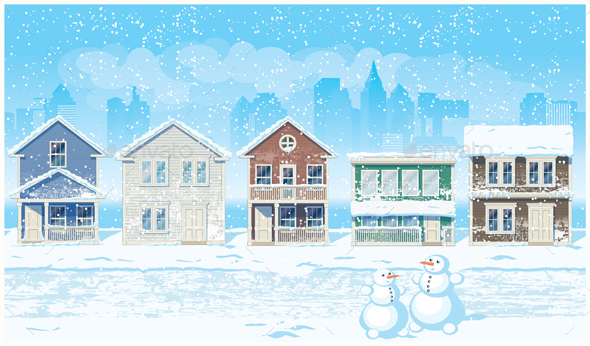 Suburban Street in Winter - Buildings Objects