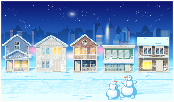 Winter Suburb at Night - Buildings Objects