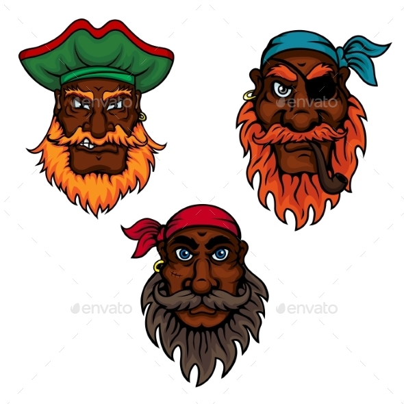 Cartoon Pirate Captain And Sailors Heads - Tattoos Vectors
