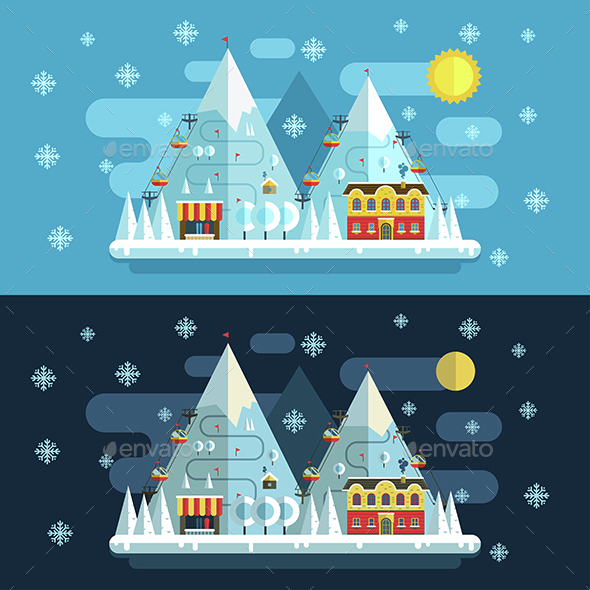 Winter Resort Flat Landscape Day and Night - Landscapes Nature