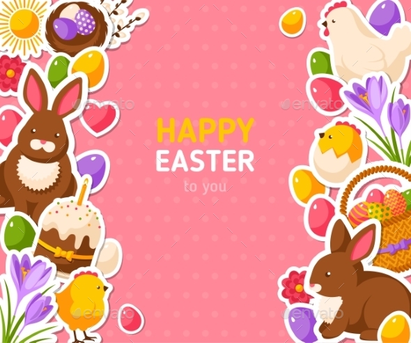 Happy Easter Pink Banner with Flat Stickers - Miscellaneous Seasons/Holidays
