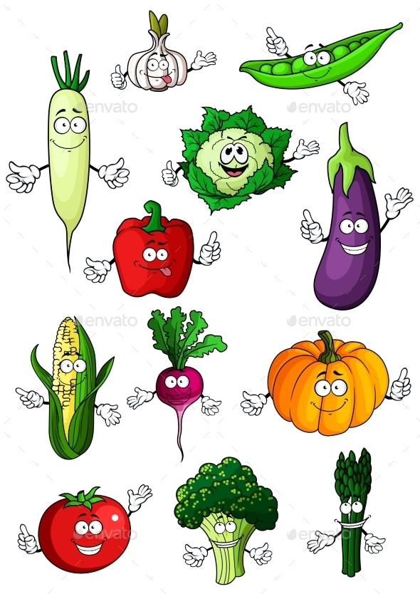 Healthful Organic Vegetables Cartoon Characters - Food Objects