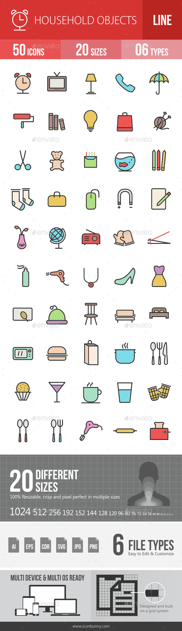 Household Objects Filled Line Icons - Icons