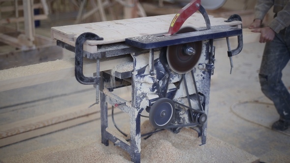 Carpenter Working with Circular Saw Woodworking Machine alt