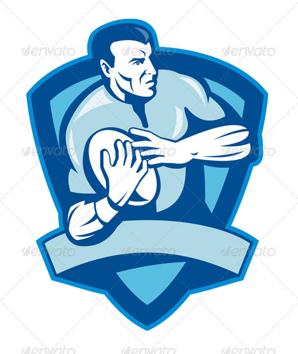 Rugby Player Running With Ball Retro