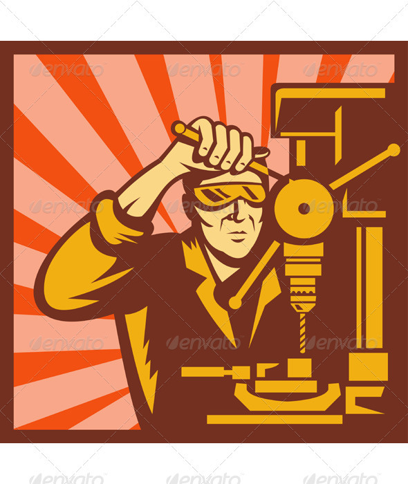 Factory Manufacturing Worker Drilling Retro - People Characters