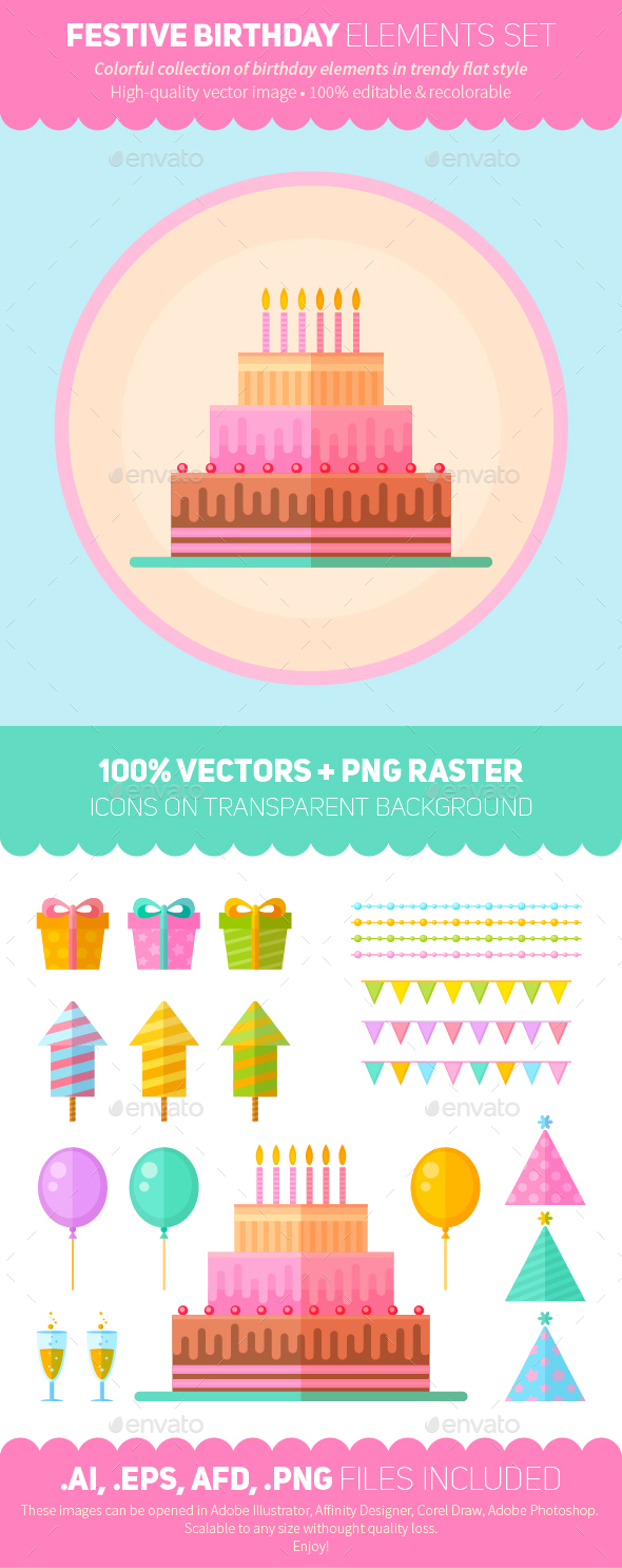 Festive Birthday Elements Flat Set - Miscellaneous Vectors