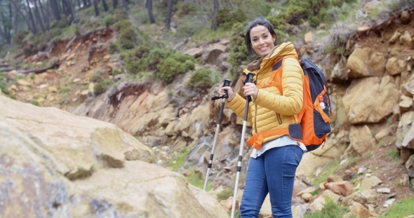 Healthy Fit Young Woman Outdoors Backpacking alt