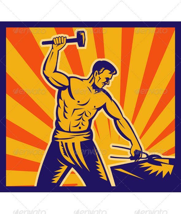 Blacksmith With Hammer Striking Anvil - People Characters