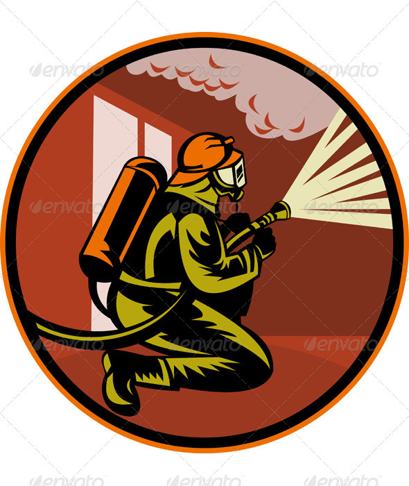 Fireman Firefighter Holding Aiming Fire Hose