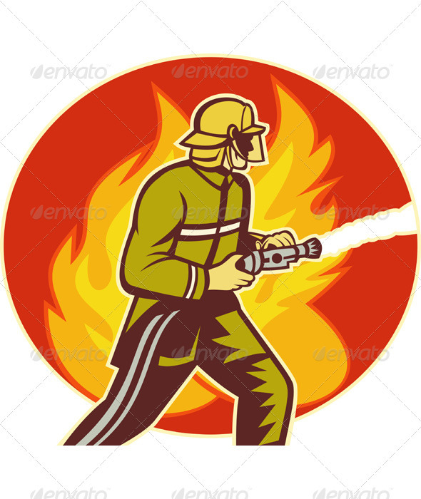 Fireman Firefighter Holding Aiming Fire Hose - People Characters