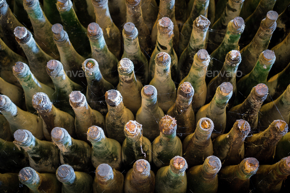 Many old wine bottles top view