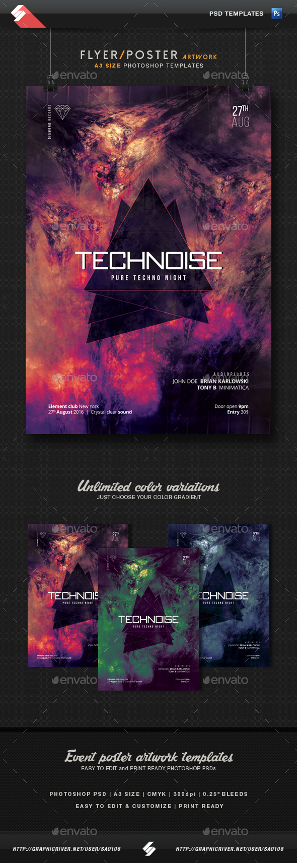 Technoise - Techno Party Flyer Template A3 - Clubs & Parties Events
