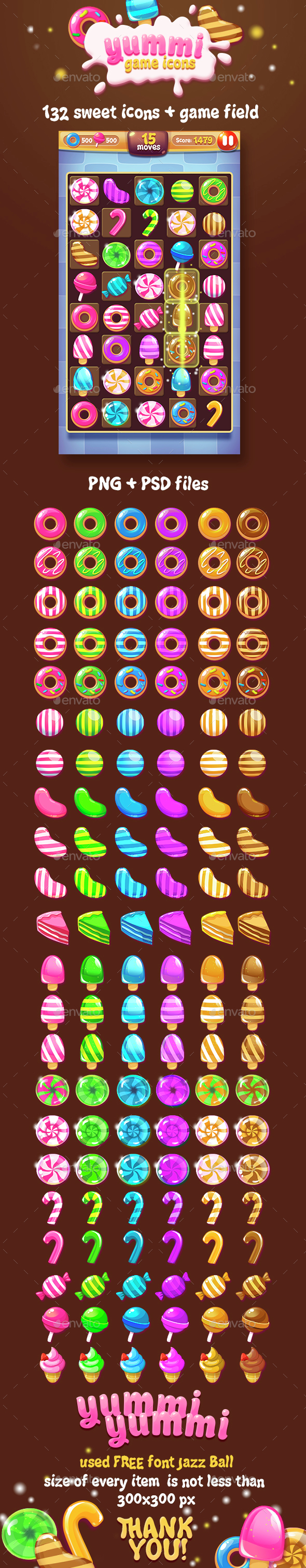 Big Sweet Match-3 Game Icons Pack - Game Kits Game Assets