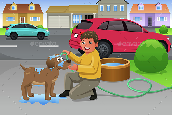 Kid Giving His Dog a Bath - People Characters