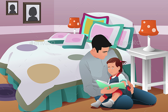 Father Telling a Bedtime Story to His Daughter - People Characters