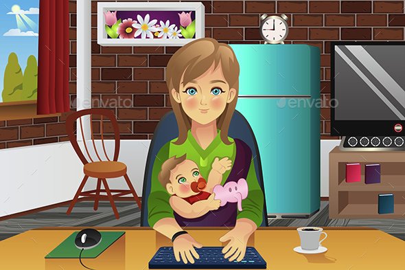 Mother Holding Her Baby While Working At Home - People Characters