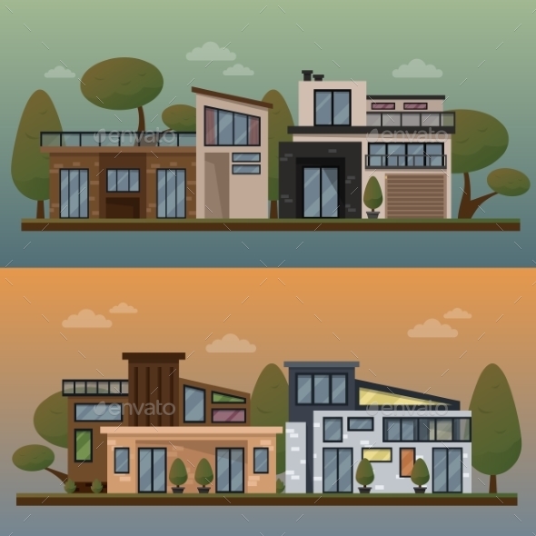 Vector Flat Illustration Of Two Family House - Buildings Objects